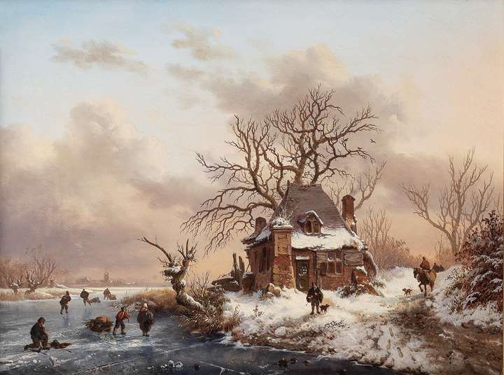 Winter Landscape with travellers near a farm